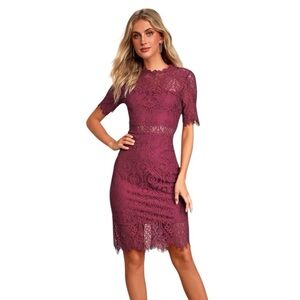 Remarkable Burgundy Sheer Lace Short Sleeve Mini Dress NWT size Medium‎